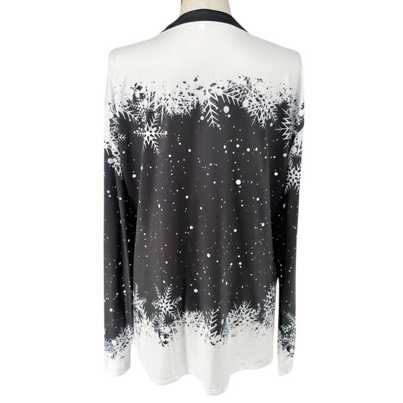 Snowflake Print Womens Top fits like 3XL US Black White LS V-Neck Poly Spandex - Picture 3 of 8